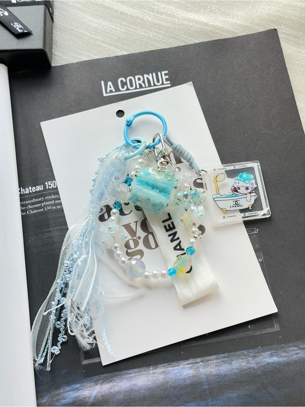 Authentic CC Ribbon with Blue Piano Charm Keyring with Beads & Tassels